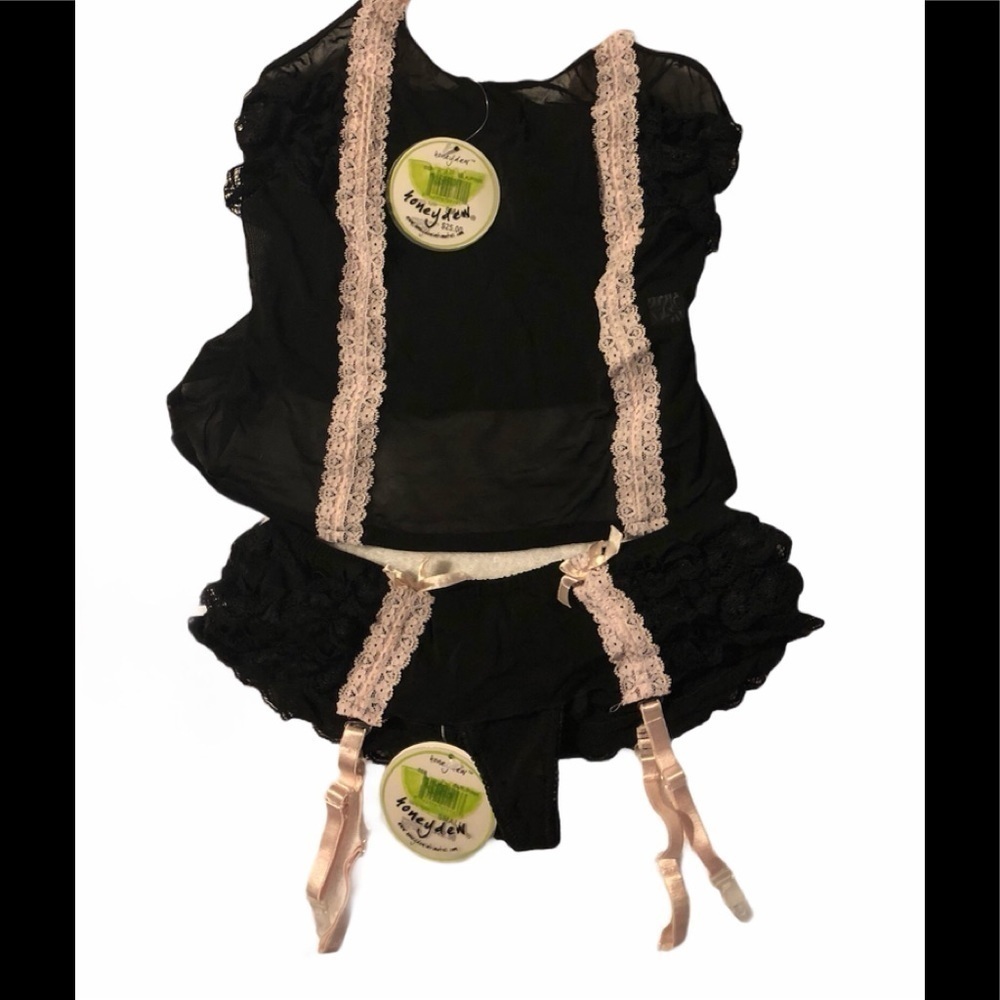 New  Honey Dew Tanga Thong Panty & Cami Garter S Sexy Date Night Frilly Feminine